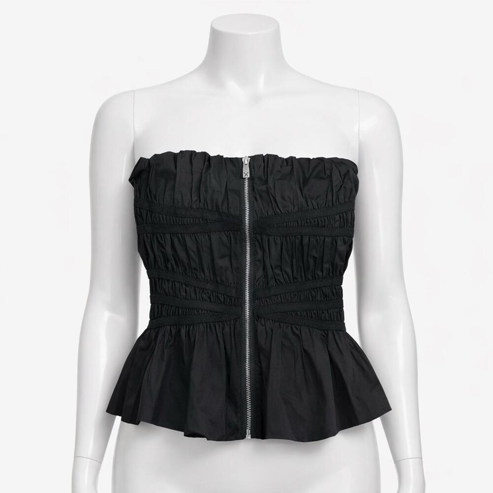 Women Fashion Forni Black Strapless Corset Top Ruched Zip Front Peplum Sz M Y2K